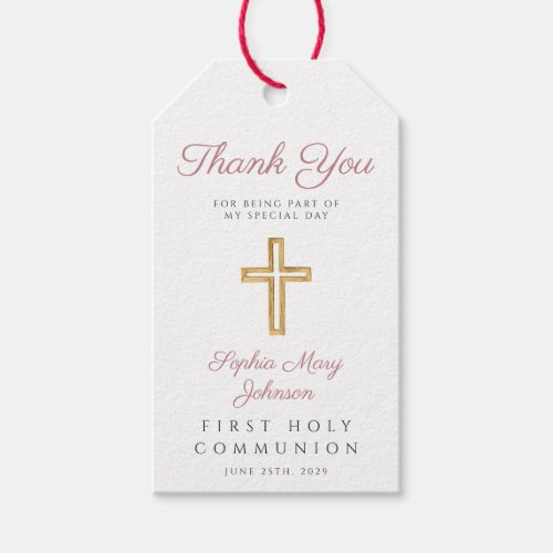 Religious Cross Girl Pink Stripes First Communion  Gift Tags