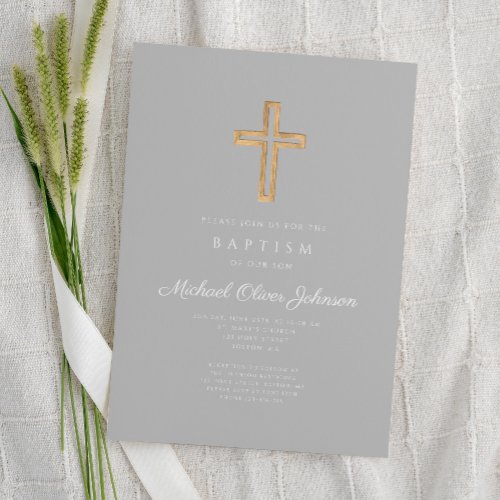 Religious Cross Gray Script Boy Baptism Invitation