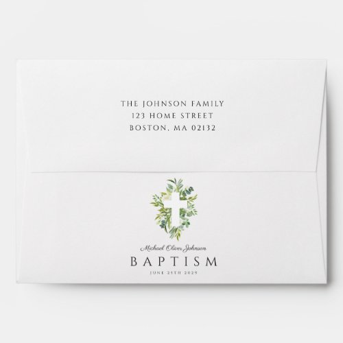 Religious Cross Green Botanical Baptism  Envelope
