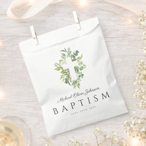 Religious Cross Green Botanical Baptism  Favor Bag