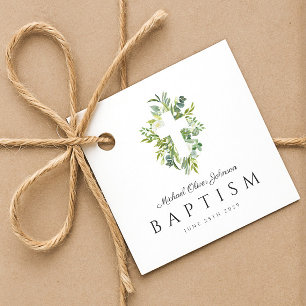 Religious Cross Green Botanical Baptism Favor Tags