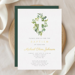 Religious Cross Green Botanical Baptism Gold Foil Invitation