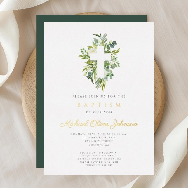 Religious Cross Green Botanical Baptism Gold Foil Invitation (Religious Cross Green Botanical Baptism Gold Foil Invitation)