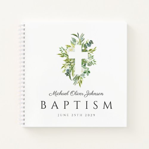 Religious Cross Green Botanical Baptism Guest Notebook