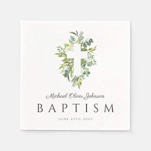 Religious Cross Green Botanical Baptism  Napkins