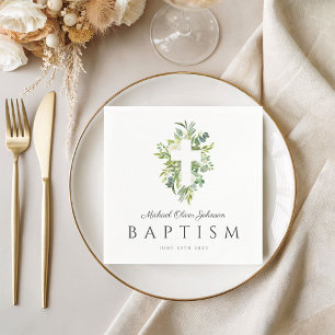 Religious Cross Green Botanical Baptism Napkins
