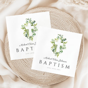 Religious Cross Green Botanical Baptism  Napkins