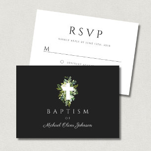 Religious Cross Green Botanical Baptism RSVP Card