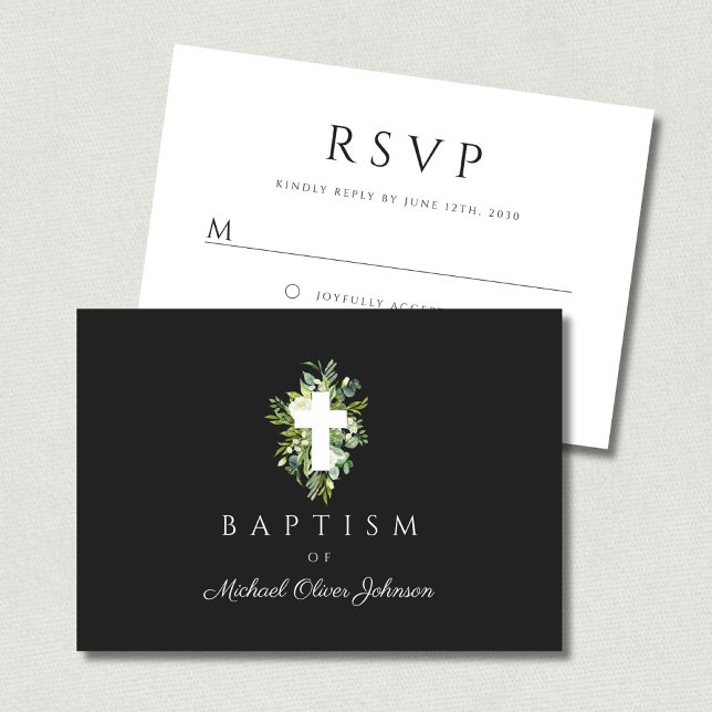 Religious Cross Green Botanical Baptism  RSVP Card (Religious Cross Green Botanical Baptism RSVP Card)