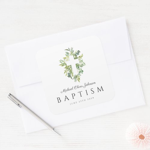 Religious Cross Green Botanical Baptism  Square Sticker