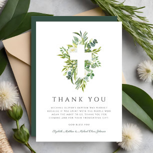 Religious Cross Green Botanical Baptism  Thank You Card