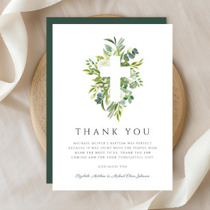 Religious Cross Green Botanical Baptism Thank You Card