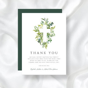 Religious Cross Green Botanical Baptism  Thank You Card