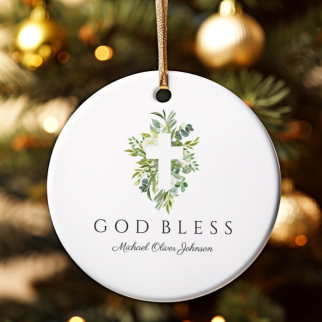 Religious Cross Green Botanical God Bless Baptism Ceramic Ornament (Religious Cross Green Botanical God Bless Baptism Ceramic Ornament)
