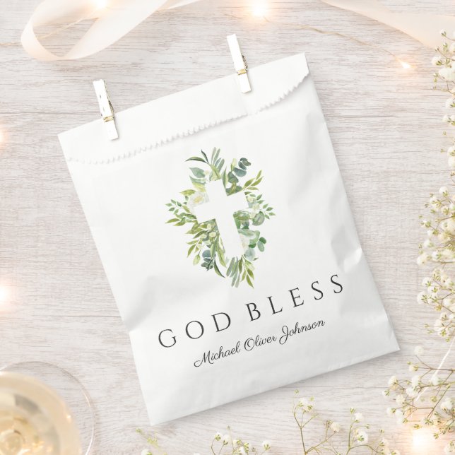 Religious Cross Green Botanical God Bless Baptism  Favor Bag (Clipped)