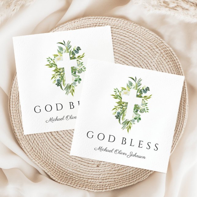 Religious Cross Green Botanical God Bless Baptism  Napkins (Religious Cross Green Botanical God Bless Baptism Napkins)
