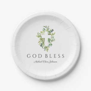Religious Cross Green Botanical God Bless Baptism Paper Plates