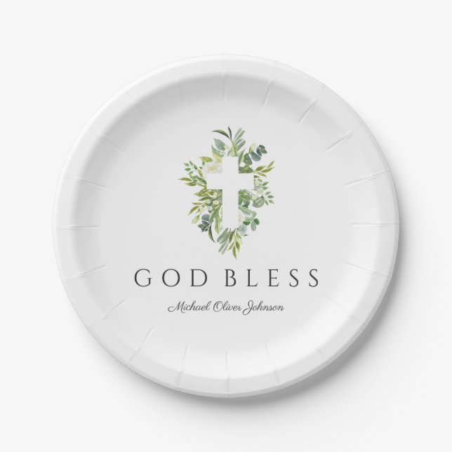 Religious Cross Green Botanical God Bless Baptism Paper Plates (Front)