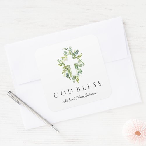 Religious Cross Green Botanical God Bless Baptism  Square Sticker