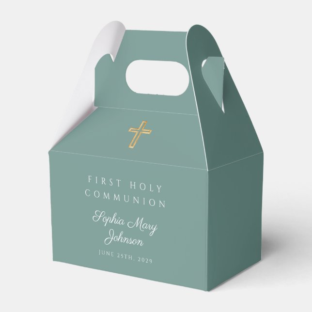 Religious Cross Green Boy First Communion Favor Boxes (Front Side)