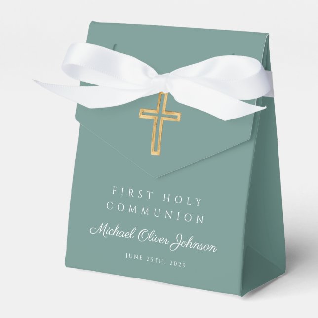Religious Cross Green Boy First Communion Favor Boxes (Front Side)