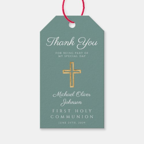 Religious Cross Green Boy First Communion Gift Tags