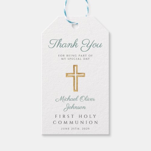 Religious Cross Green Boy First Communion Gift Tags