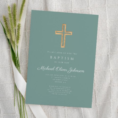 Religious Cross Green Script Boy Baptism Invitation