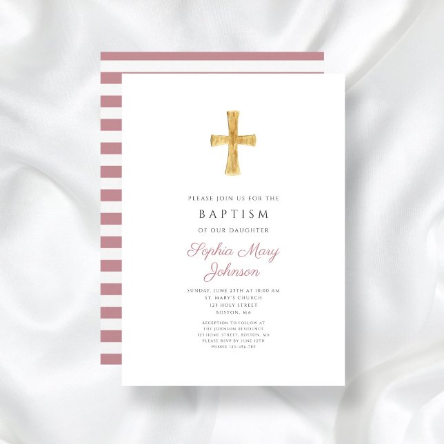 Religious Cross Modern Pink Stripes Girl Baptism Invitation (Religious Cross Modern Pink Stripes Girl Baptism Invitation)