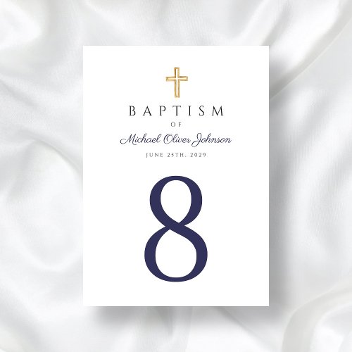 Religious Cross Navy Blue Boy Baptism Table Number