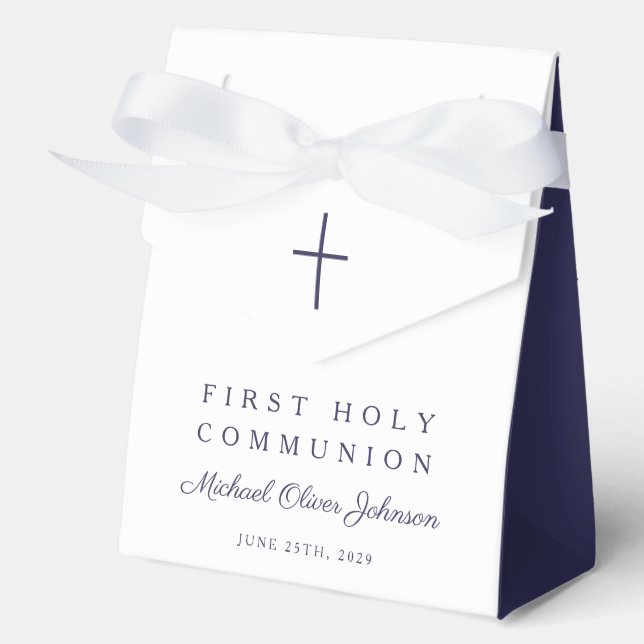 Religious Cross Navy Blue Boy First Communion Favor Boxes (Front)