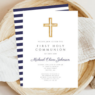 Religious Cross Navy Blue Boy First Communion Invitation