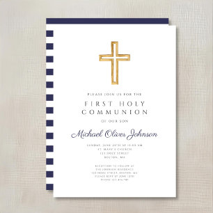 Religious Cross Navy Blue Boy First Communion Invitation