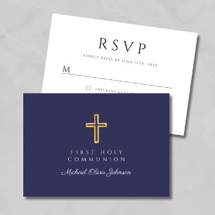 Religious Cross Navy Blue Boy First Communion  RSVP Card