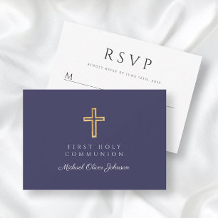 Religious Cross Navy Blue Boy First Communion RSVP Card