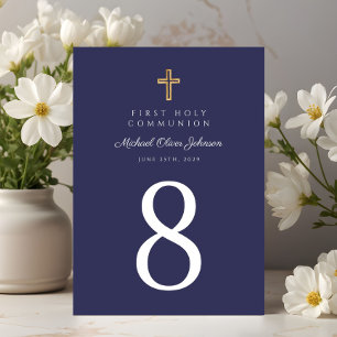 Religious Cross Navy Blue Boy First Communion Table Number