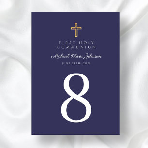 Religious Cross Navy Blue Boy First Communion Table Number