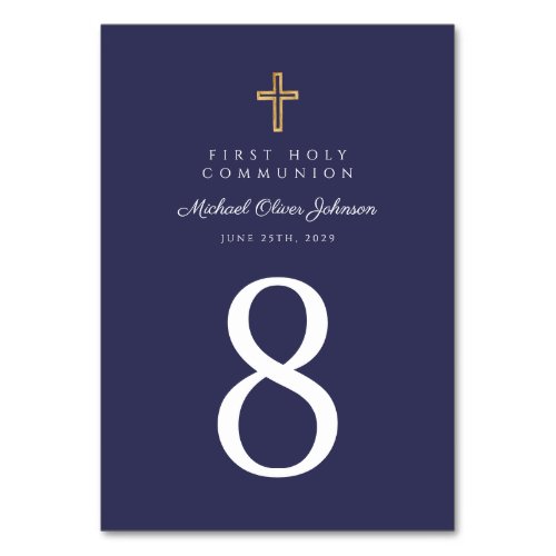 Religious Cross Navy Blue Boy First Communion Table Number