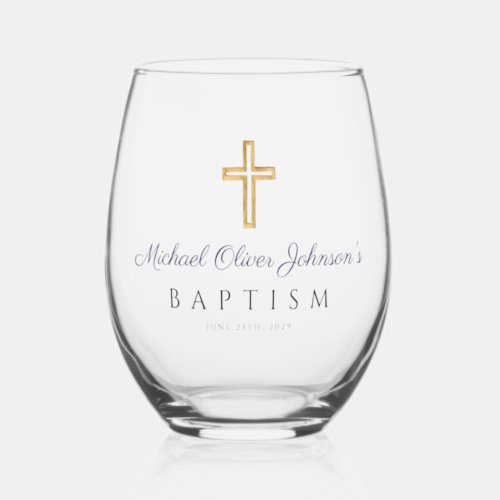 Religious Cross Navy Blue Script Boy Baptism Stemless Wine Glass