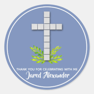 Religious Cross on Blue Gray Classic Round Sticker