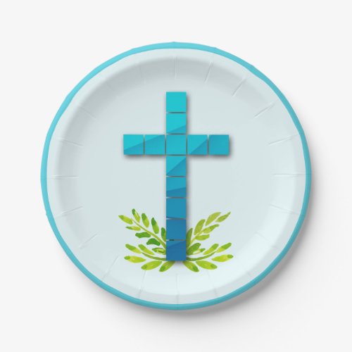 Religious Cross on Blue Paper Plates