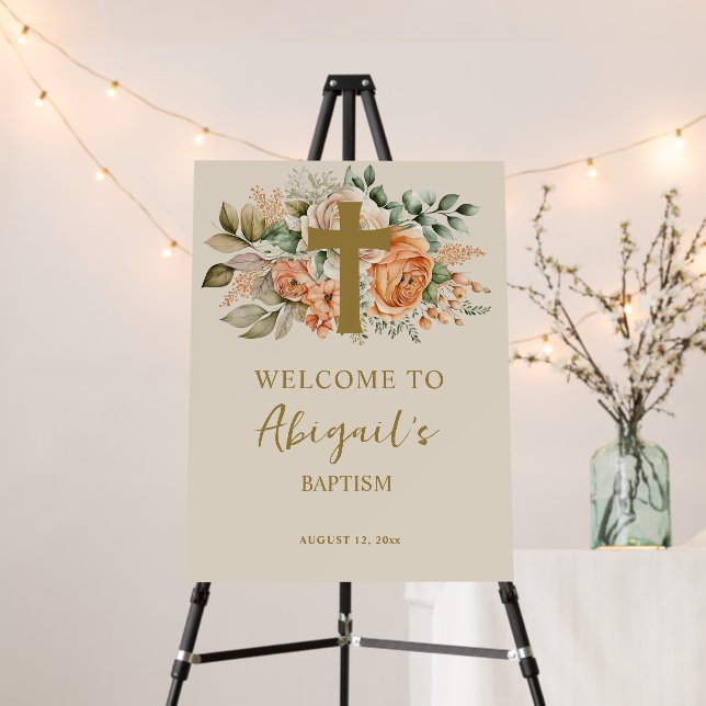 Religious Cross Peach Floral Baby Girl Baptism Foam Board (In Situ (Stand))