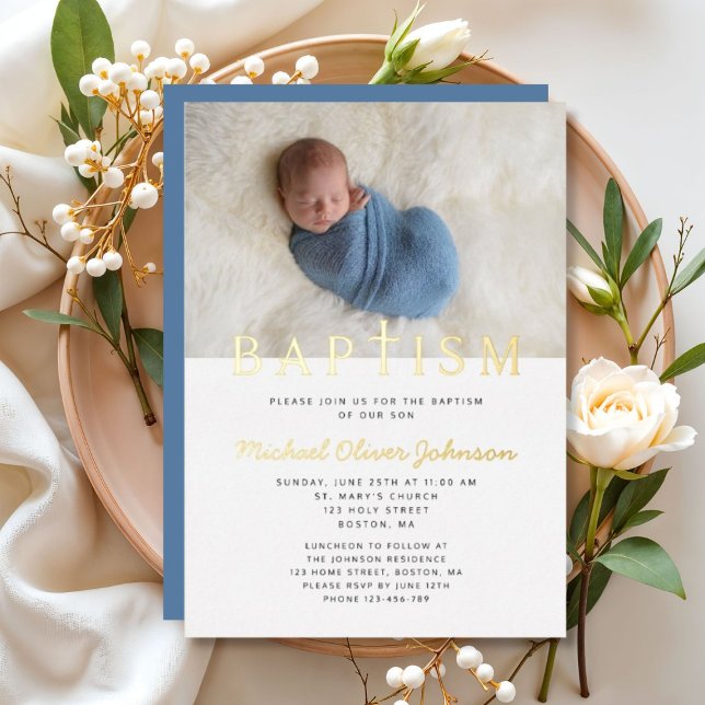 Religious Cross Photo Boy Blue Baptism Gold Foil Invitation (Religious Cross Photo Boy Blue Baptism Gold Foil Invitation)