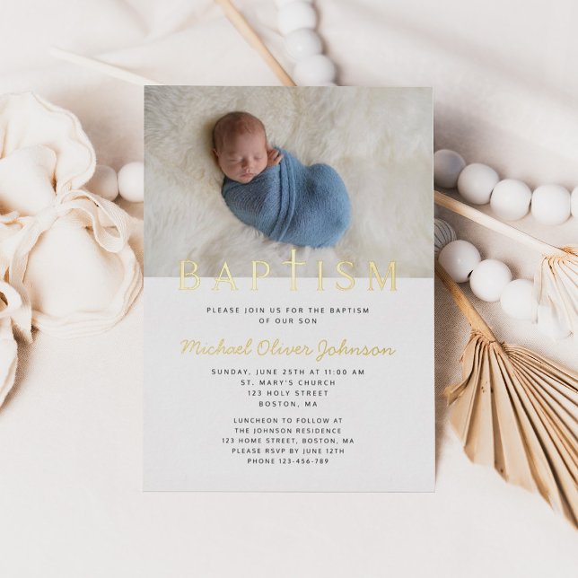 Religious Cross Photo Boy Blue Baptism Gold Foil Invitation (Religious Cross Photo Boy Blue Baptism Gold Foil Invitation)