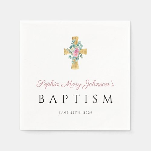 Religious Cross Pink Floral Baptism Napkins