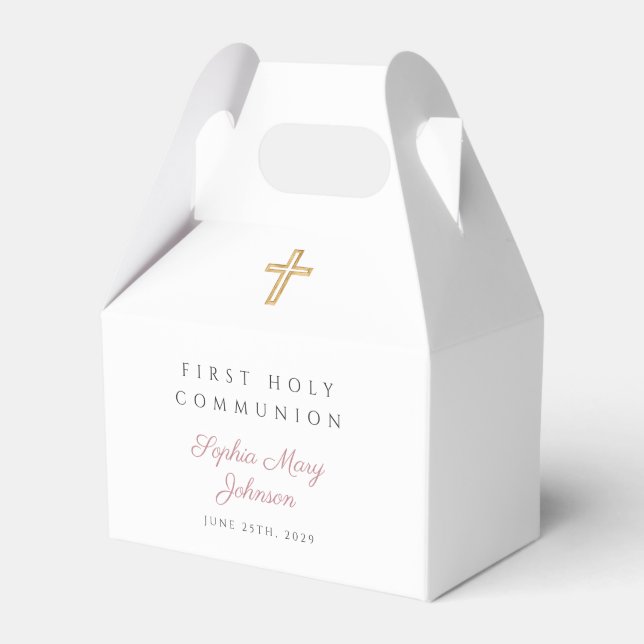 Religious Cross Pink Girl First Communion  Favor Boxes (Front Side)