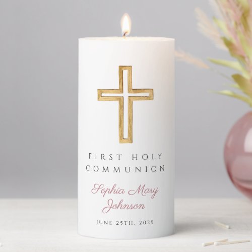 Religious Cross Pink Girl First Communion  Pillar Candle