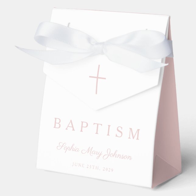 Religious Cross Pink Script Girl Baptism  Favor Boxes (Front)