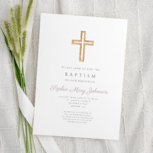 Religious Cross Purple Script Girl Baptism Invitation