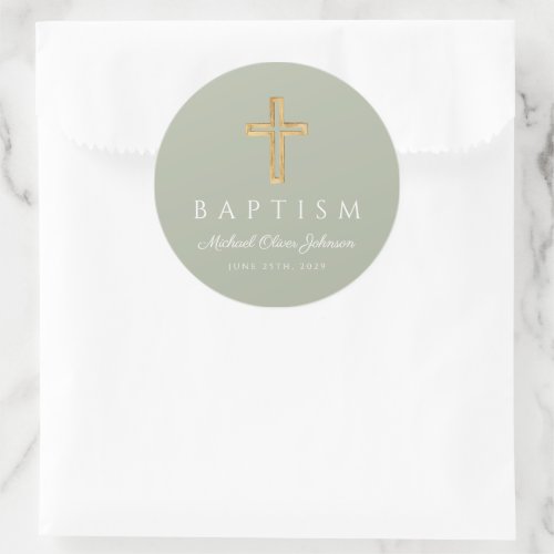 Religious Cross Sage Green Baptism Classic Round Sticker